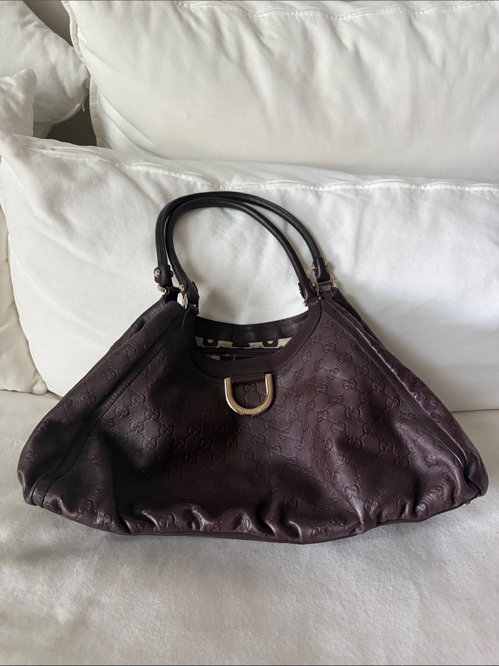 Gucci Dark Brown Embossed Leather Hobo with Gold D-Ring